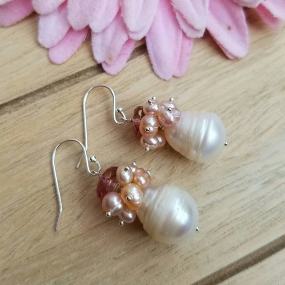 SOLDNatural Pearl & Pink Topaz Dangle Earrings 925 - Picture 4 of 4